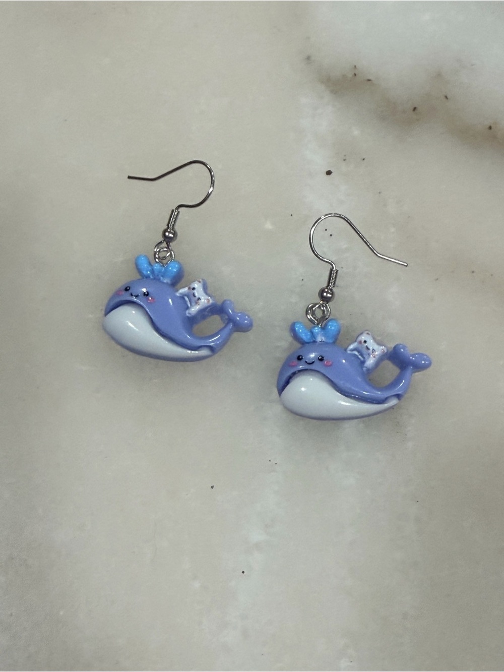 Whimsy Storybook Blue Whale Dangle Earrings Fun Novelty Jewelry